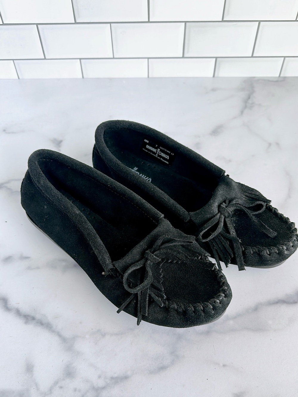 Women's Black Suede Minnetonka Moccasin Loafers